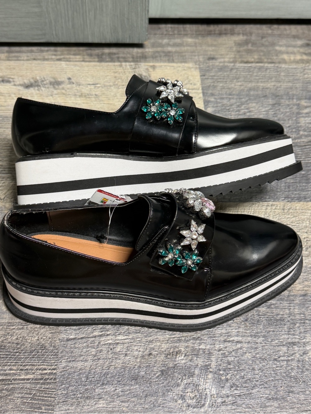 Zara Trafaluc Jeweled Platform Loafers Black Rhinestone Floral Shoes EU 39 US 8 - Picture 11 of 14